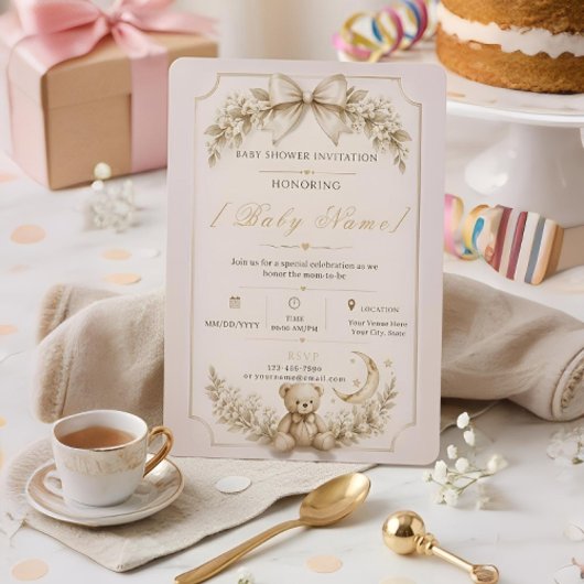 Beige Teddybeer Babyshower Uitnodiging
