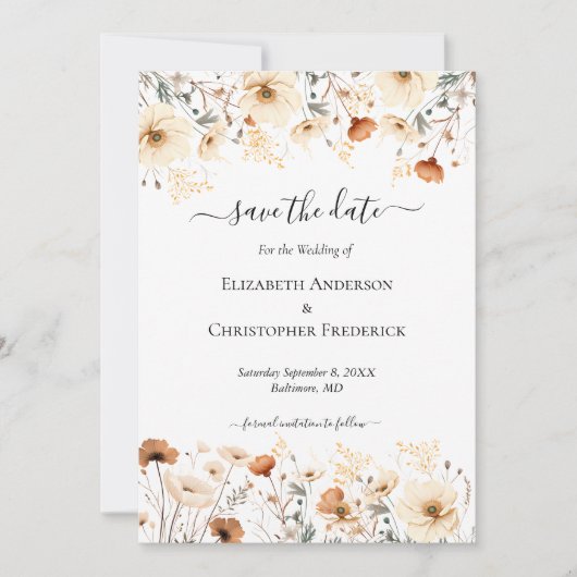 Beige terracotta wilde bloemen QR code Boho bruilo Save The Date (Voorkant)