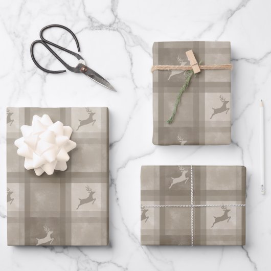 Beige Textuur Plaid Met Herten Stijlvolle Kerstmis Inpakpapier Vel (Voorkant)