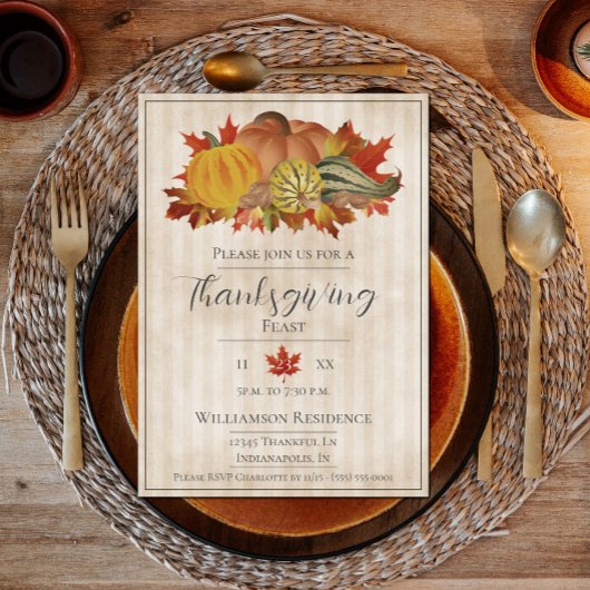 Beige Thanksgiving Pompoenen en Squash Dinner Kaart