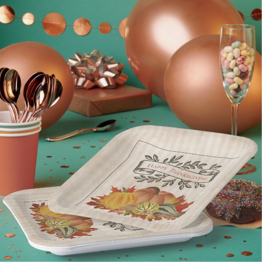 Beige Thanksgiving Pompoenen en Squash Papieren Bordje (Multi)