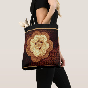 Beige tinten van bruine bloem ambachtelijke haak tote bag