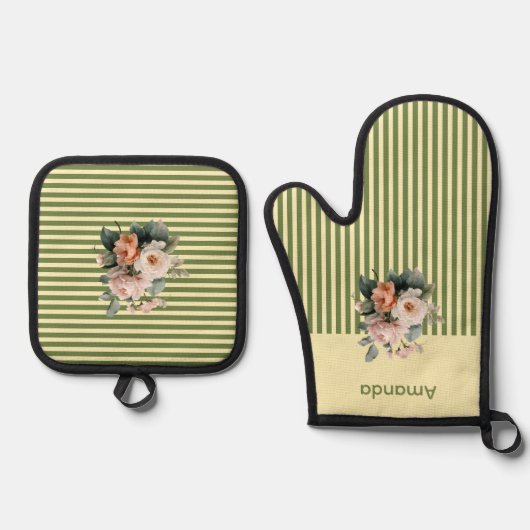 Beige Top met Olijfgroene Strepen Bloemen Ovenwant & Pannenlap Set (Voorkant)