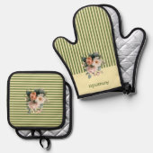 Beige Top met Olijfgroene Strepen Bloemen Ovenwant & Pannenlap Set (Voorkant / Achterkant)