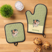 Beige Top met Olijfgroene Strepen Bloemen Ovenwant & Pannenlap Set (Top down)