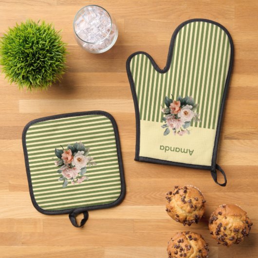 Beige Top met Olijfgroene Strepen Bloemen Ovenwant & Pannenlap Set (Top down)