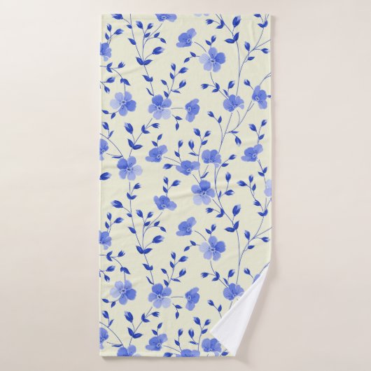 Beige towel with blue flowers - Elegant bath towel Badhanddoek (Badhanddoek)