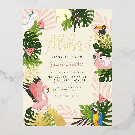 Beige | Tropisch goud in Aloha Hawaii Folie Uitnodiging Briefkaart (Voorkant)