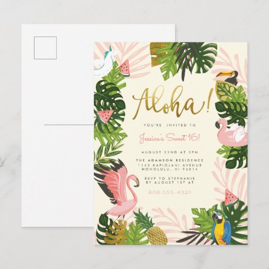Beige | Tropisch goud in Aloha Hawaii Uitnodiging Briefkaart (Voorkant / Achterkant)