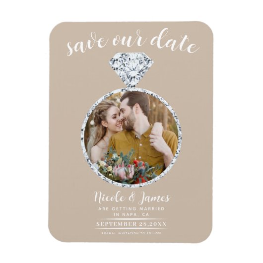 Beige Trouwring Bling Foto Opslaan van de Datum Magneet (Verticaal)