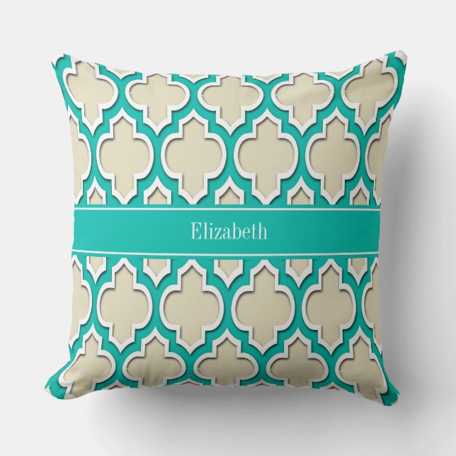 Beige Turquoise Wht Marokkaans #4DS Turquoise Naam Kussen (Voorkant)