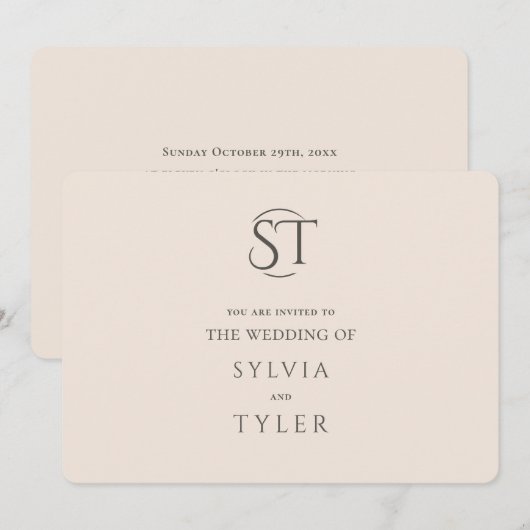 Beige Typografie Crest Monogram Bruiloft Kaart (Voorkant / Achterkant)