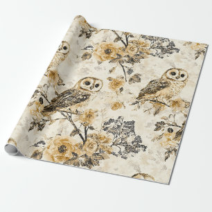 Beige Uil Cottagecore Bloempatroon Cadeaupapier