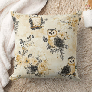 Beige Uil Cottagecore Bloempatroon Kussen