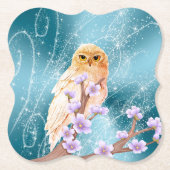 Beige Uil op Paarse Bloementak Magische Sparkle Kartonnen Onderzetters (Voorkant)