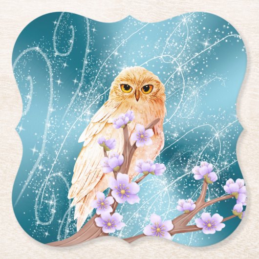 Beige Uil op Paarse Bloementak Magische Sparkle Kartonnen Onderzetters (Voorkant)