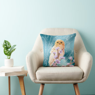 Beige Uil op Paarse Bloementak Magische Sparkle Kussen