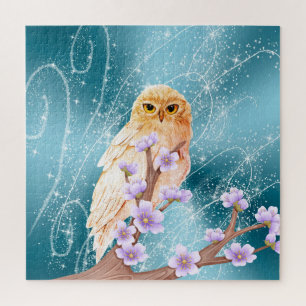 Beige Uil op Paarse Bloementak Magische Sparkle Legpuzzel