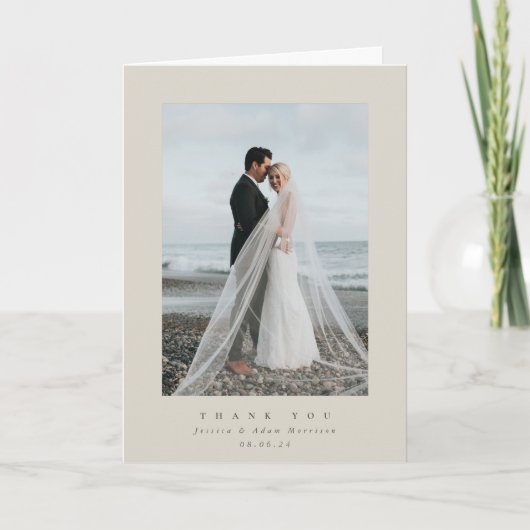 Beige Ultra Minimal Single Photo Wedding Bedankkaart (Voorkant)