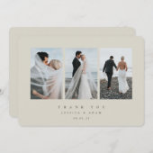 Beige Ultra Minimal Triple Photo Wedding Flat Bedankkaart (Voorkant / Achterkant)