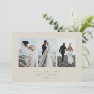 Beige Ultra Minimal Triple Photo Wedding Flat Bedankkaart