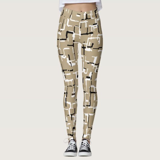 Beige Unique Black en White Pattern Leggings (Voorkant)