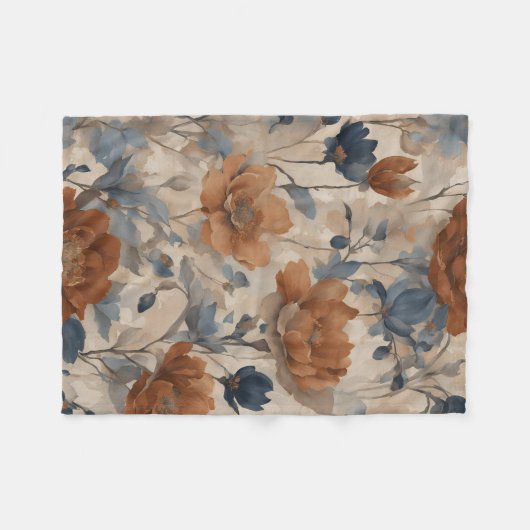Beige Verbrand Sinaasappel Dusty Navy Blue Floral Fleece Deken (Voorkant (Horizontaal))