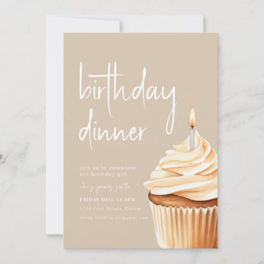 Beige Verjaardags Diner met Cupcake Kaart (Voorkant)