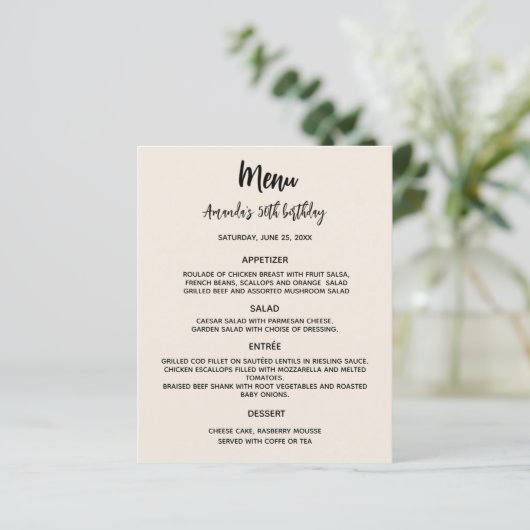 Beige verjaardagsfeestmenu (Staand voorkant)
