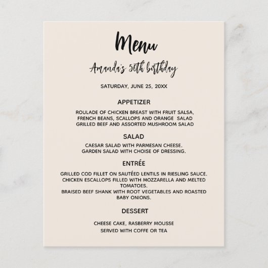 Beige verjaardagsfeestmenu (Voorkant)