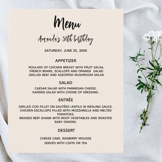 Beige verjaardagsfeestmenu