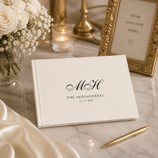 Beige Vintage Elegante Script Monogram Huwelijk Gastenboek