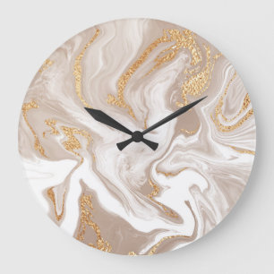 Beige vloeibaar marmer, gouden lijnkunst. grote klok