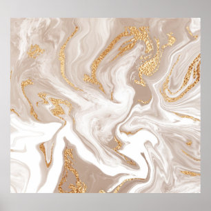 Beige vloeibaar marmer, gouden lijnkunst. poster