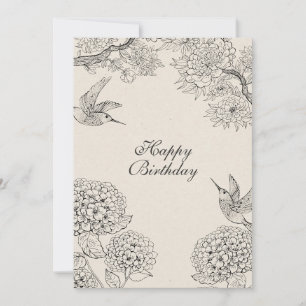 beige Vogel Hydrangea Bloemen aangepaste tekst Feestdagenkaart
