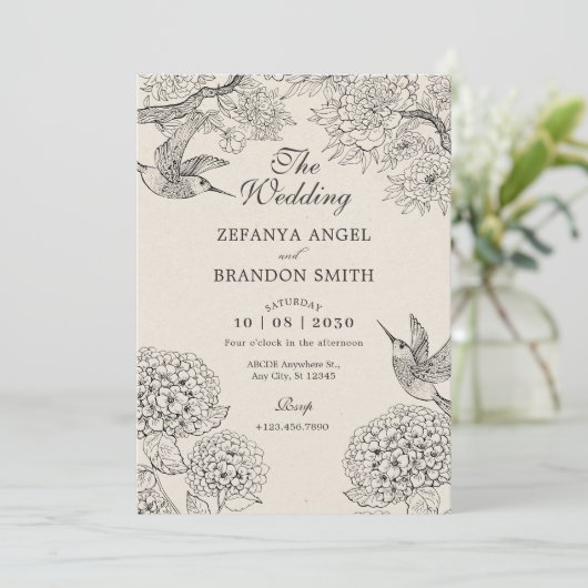  beige Vogel Hydrangea Bloemen bruiloft Kaart (Staand voorkant)