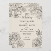  beige Vogel Hydrangea Bloemen bruiloft Kaart (Voorkant / Achterkant)