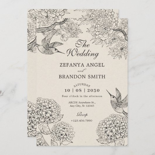  beige Vogel Hydrangea Bloemen bruiloft Kaart (Voorkant / Achterkant)