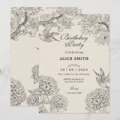  beige Vogel Hydrangea Bloemen Verjaardag Kaart (Voorkant / Achterkant)