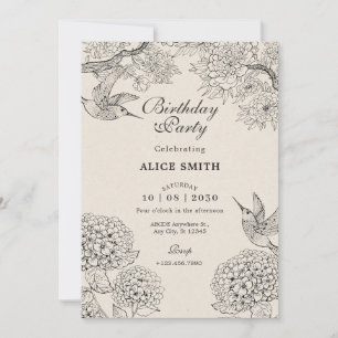 beige Vogel Hydrangea Bloemen Verjaardag Kaart