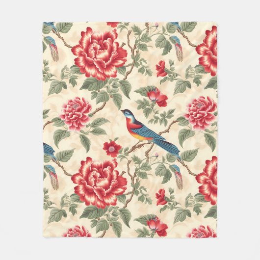 beige vogelchinoiserie fleece deken (Voorkant)