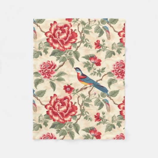 beige vogelchinoiserie fleece deken (Voorkant)