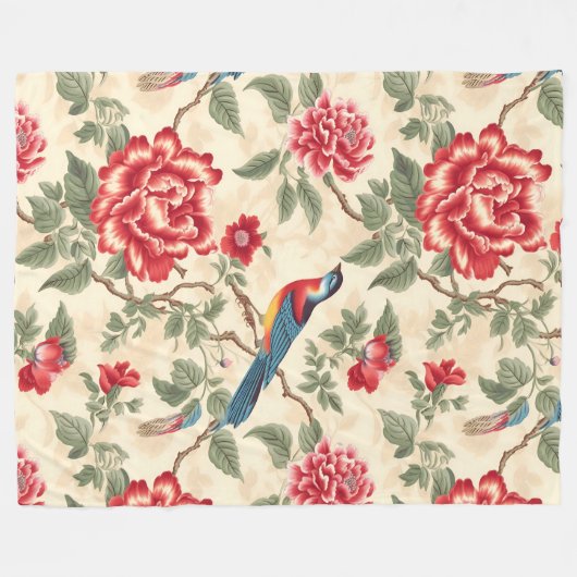 beige vogelchinoiserie fleece deken (Voorkant (Horizontaal))