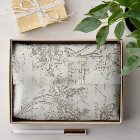  beige vogels bloeien Frans script Tissuepapier (Geschenk)