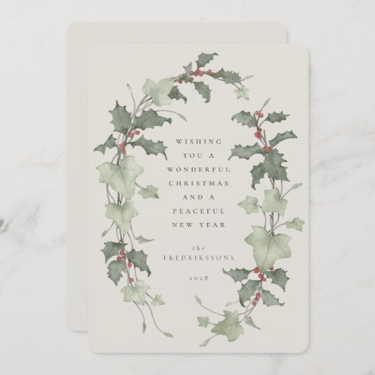 Beige Watercolor Holly & Ivy Feestdagenkaart (Voorkant / Achterkant)