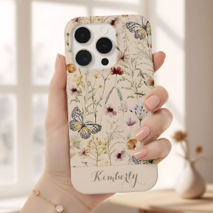 Beige Watercolor Wilde Bloemen Patroon Naam iPhone 15 Pro Case