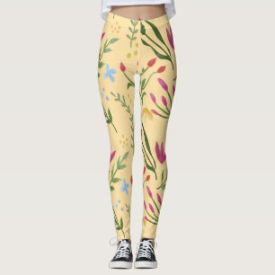 Beige Waterverf Bloemen Zwart Roze Blauw Geel Leggings