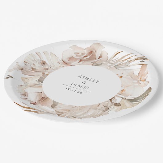 Beige waterverf botanische florale tuinbruiloft papieren bordje (Gekanteld)