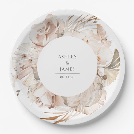 Beige waterverf botanische florale tuinbruiloft papieren bordje (Voorkant)