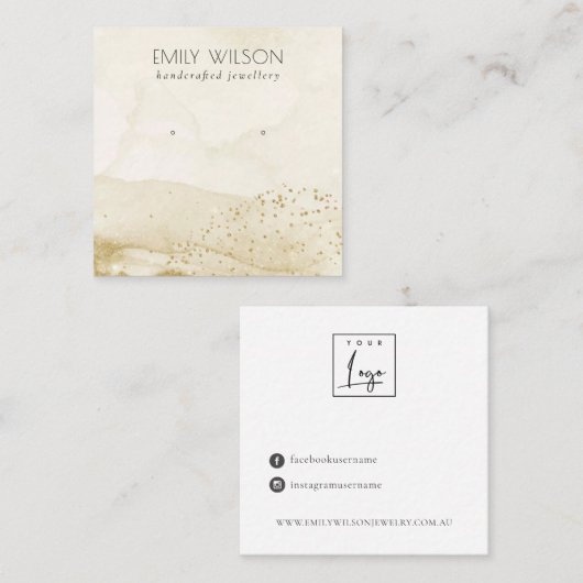 Beige Waterverf Gold Glitter Stud Veroorbaar beeld Vierkante Visitekaartje (Voorkant / Achterkant)